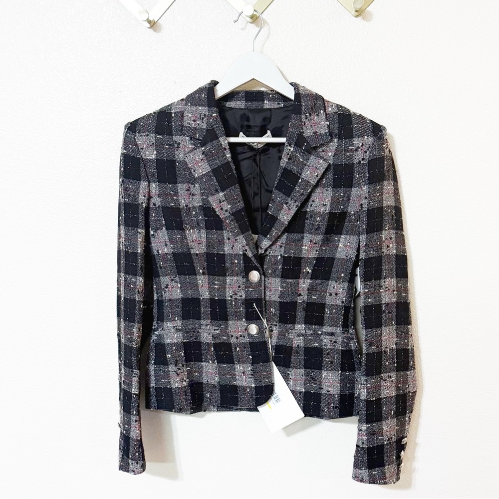Alessandra Rich Checked Wool-Blend Bouclé Button Textured Plaid Fitted Blazer - Picture 6 of 12